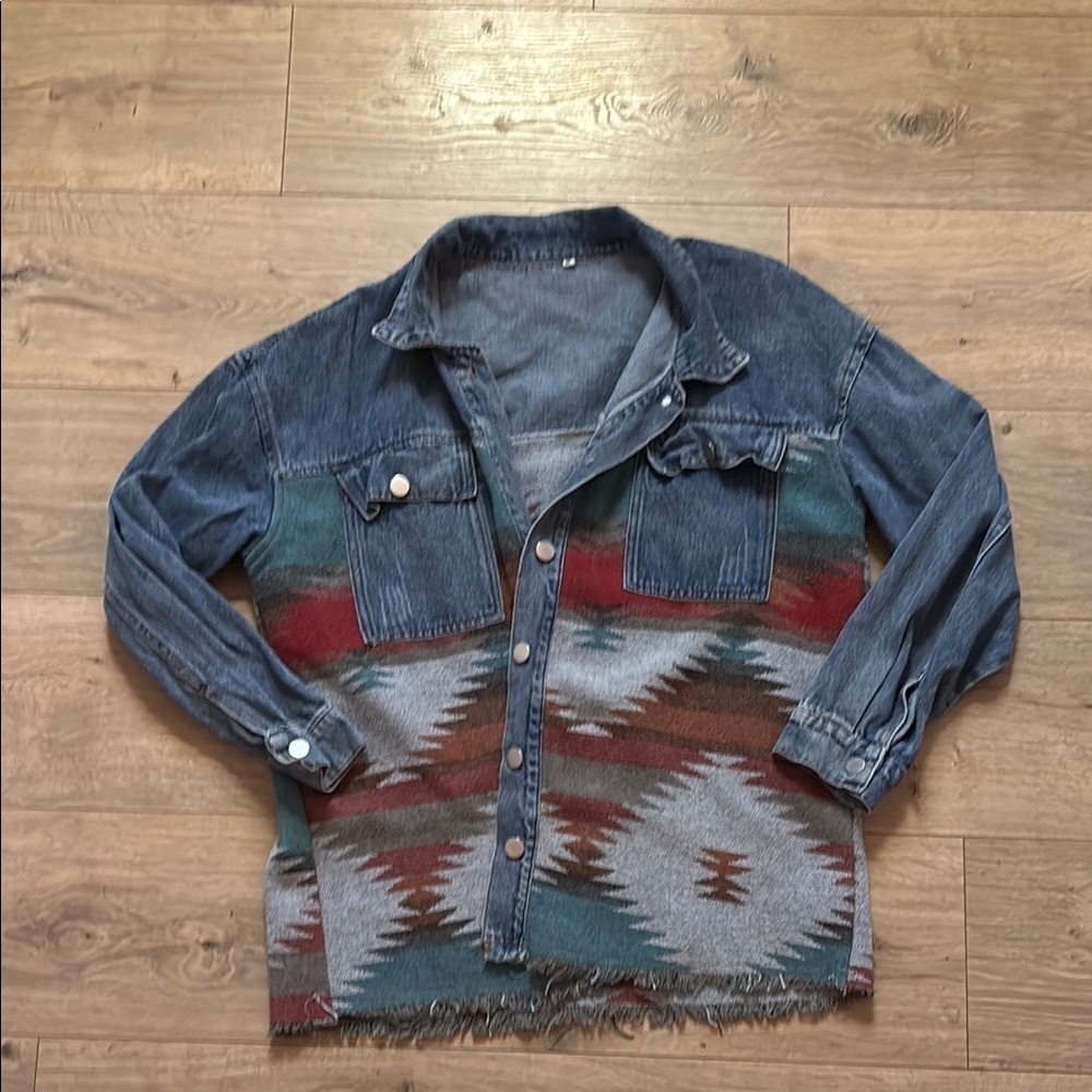 Denim and Aztec Patterned Button-Up Jacket